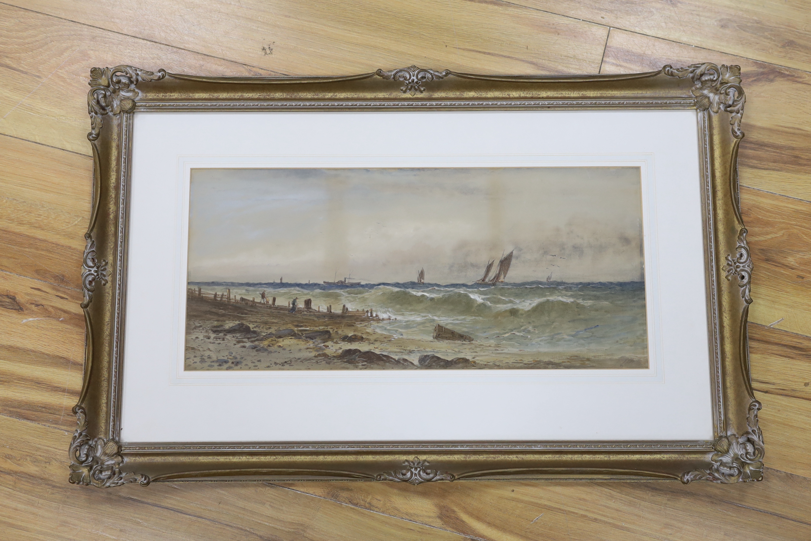 William Henry Earp (c.1900), watercolour, Fishing boats along the coast, signed, 24 x 53cm